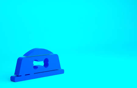 Blue Pet food bowl for cat or dog icon isolated on blue background. Dog bone sign. Minimalism concept. 3d illustration 3D renderの写真素材