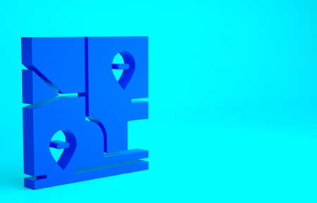 Blue Folded map with location marker icon isolated on blue background. Minimalism concept. 3d illustration 3D renderの写真素材