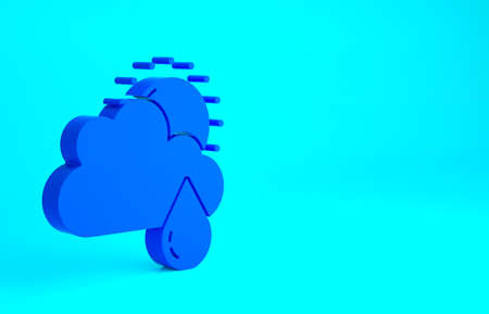 Blue Cloud with rain and sun icon isolated on blue background. Rain cloud precipitation with rain drops. Minimalism concept. 3d illustration 3D renderの写真素材
