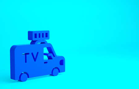 Blue TV News car with equipment on the roof icon isolated on blue background. Minimalism concept. 3d illustration 3D renderの写真素材