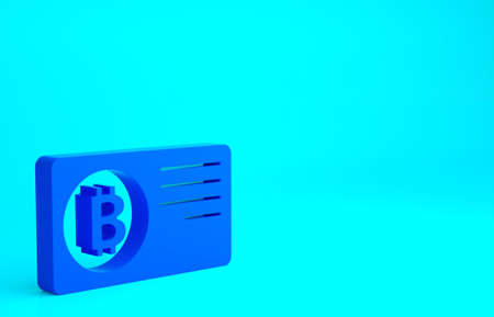 Blue Credit card with bitcoin icon isolated on blue background. Online payment. Cash withdrawal. Modern method of payment. Minimalism concept. 3d illustration 3D renderの写真素材