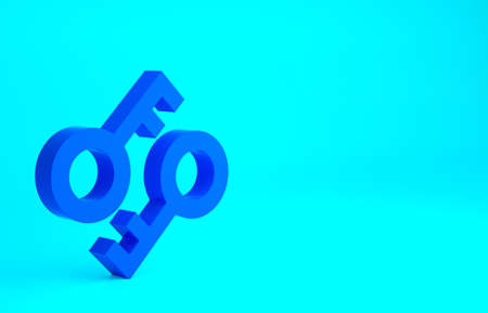 Blue Cryptocurrency key icon isolated on blue background. Concept of cyber security or private key, digital key with technology interface. Minimalism concept. 3d illustration 3D renderの写真素材