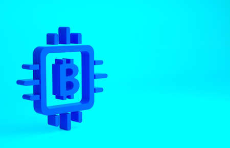 Blue CPU mining farm icon isolated on blue background. Bitcoin sign inside processor. Cryptocurrency...