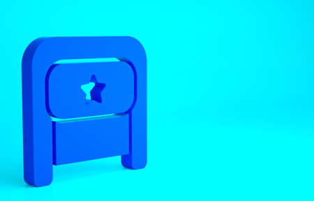 Blue Ushanka icon isolated on blue background. Russian fur winter hat ushanka with star. Soviet Union uniform of KGB and NKVD. Minimalism concept. 3d illustration 3D renderの写真素材