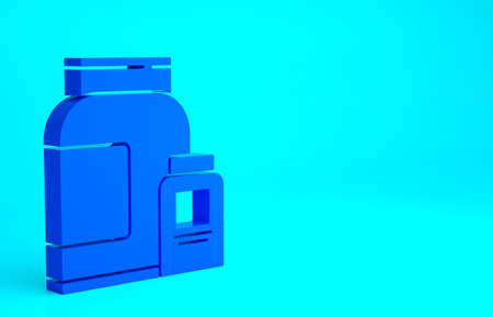 Blue Sports nutrition bodybuilding proteine power drink and food icon isolated on blue background....
