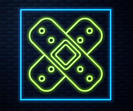Glowing neon line Crossed bandage plaster icon isolated on brick wall background. Medical plaster, adhesive bandage, flexible fabric bandage. Vector Illustrationのイラスト素材