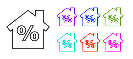 Black line House with percant discount tag icon isolated on white background. Real estate home. Credit percentage symbol. Set icons colorful. Vector Illustrationのイラスト素材