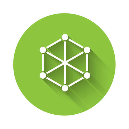 White Blockchain technology icon isolated with long shadow. Cryptocurrency data. Abstract geometric block chain network technology business. Green circle button. Vectorのイラスト素材