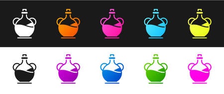 Set Bottle of olive oil icon isolated on black and white background. Jug with olive oil icon. Vectorのイラスト素材