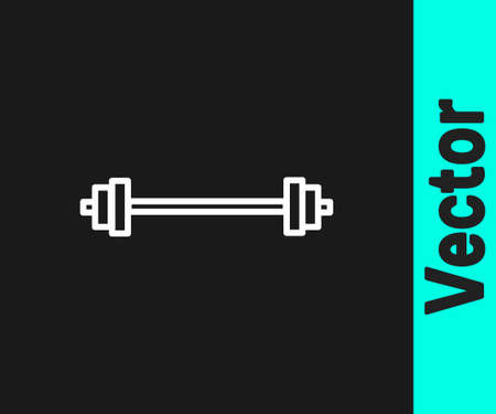White line Barbell icon isolated on black background. Muscle lifting icon, fitness barbell, gym, sports equipment, exercise bumbbell. Vector Illustrationのイラスト素材
