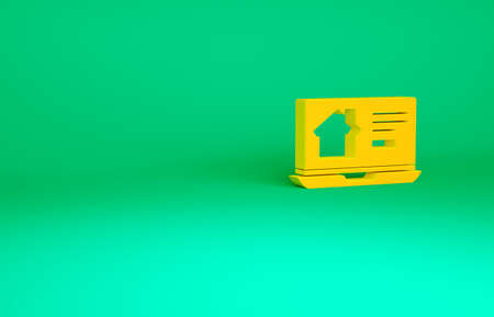 Orange Online real estate house on laptop icon isolated on green background. Home loan concept, rent, buy, buying a property. Minimalism concept. 3d illustration 3D renderの写真素材
