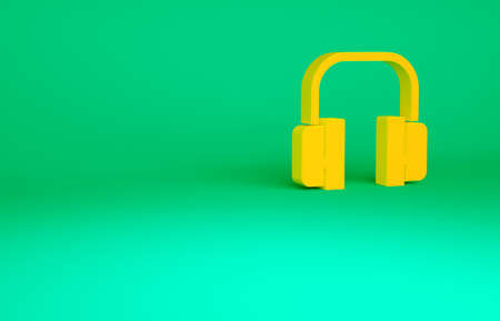 Orange Headphones icon isolated on green background. Support customer service, hotline, call center, faq, maintenance. Minimalism concept. 3d illustration 3D renderの写真素材