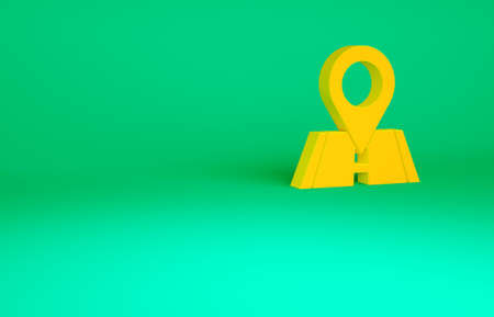 Orange Map pin icon isolated on green background. Navigation, pointer, location, map, gps, direction, place, compass, search concept. Minimalism concept. 3d illustration 3D renderの写真素材