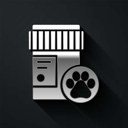 Silver Dog medicine bottle icon isolated on black background. Container with pills. Prescription medicine for animal. Long shadow style. Vectorのイラスト素材