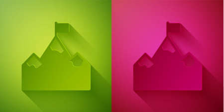 Paper cut Mountains with flag on top icon isolated on green and pink background. Symbol of victory or success concept. Goal achievement. Paper art style. Vectorのイラスト素材