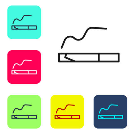 Black line Cigarette icon isolated on white background. Tobacco sign. Smoking symbol. Set icons in color square buttons. Vector Illustrationのイラスト素材