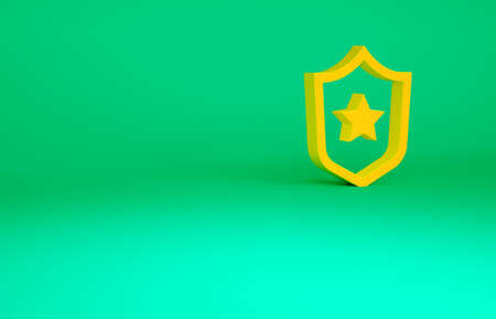 Orange Police badge icon isolated on green background. Sheriff badge sign. Shield with star symbol. Minimalism concept. 3d illustration 3D renderの写真素材