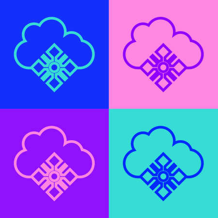 Pop art line Cloud with snow icon isolated on color background. Cloud with snowflakes. Single weather icon. Snowing sign. Vectorのイラスト素材