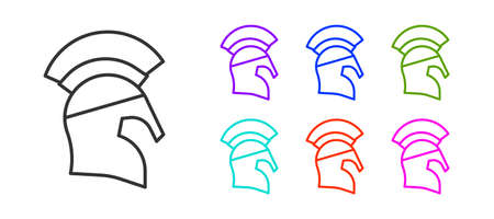 Black line Greek helmet icon isolated on white background. Antiques helmet for head protection soldiers with a crest of feathers or horsehair. Set icons colorful. Vectorのイラスト素材