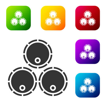 Black Wooden barrels icon isolated on white background. Alcohol barrel, drink container, wooden keg for beer, whiskey, wine. Set icons in color square buttons. Vector Illustrationのイラスト素材