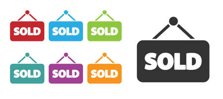 Black Hanging sign with text Sold icon isolated on white background. Sold sticker. Sold signboard. Set icons colorful. Vector Illustrationのイラスト素材