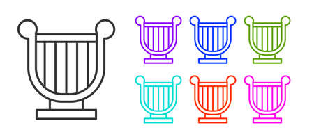 Black line Ancient Greek lyre icon isolated on white background. Classical music instrument,...