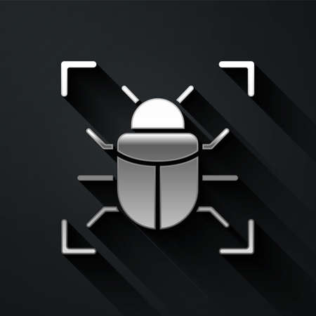Silver System bug concept icon isolated on black background. Code bug concept. Bug in the system....