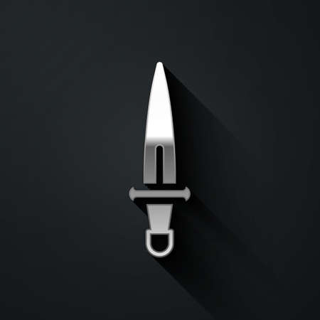 Silver Dagger icon isolated on black background. Knife icon. Sword with sharp blade. Long shadow style. Vectorのイラスト素材