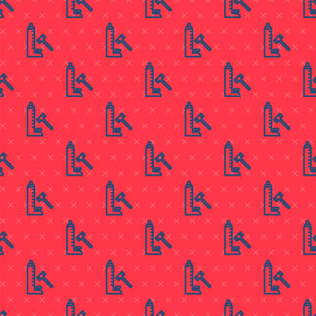 Blue line High striker attraction with big hammer icon isolated seamless pattern on red background. Attraction for measuring strength. Amusement park. Vectorのイラスト素材
