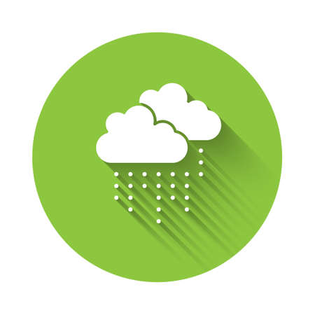 White Cloud with rain icon isolated with long shadow. Rain cloud precipitation with rain drops. Green circle button. Vectorのイラスト素材
