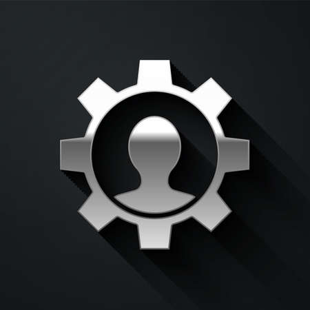 Silver Human with gear icon isolated on black background. Artificial intelligence. Thinking brain sign. Symbol work of brain. Long shadow style. Vectorのイラスト素材