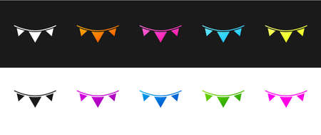 Set Carnival garland with flags icon isolated on black and white background. Party pennants for birthday celebration, festival decoration. Vectorのイラスト素材