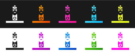 Set Slavic pagan idol icon isolated on black and white background. Antique ritual wooden idol....
