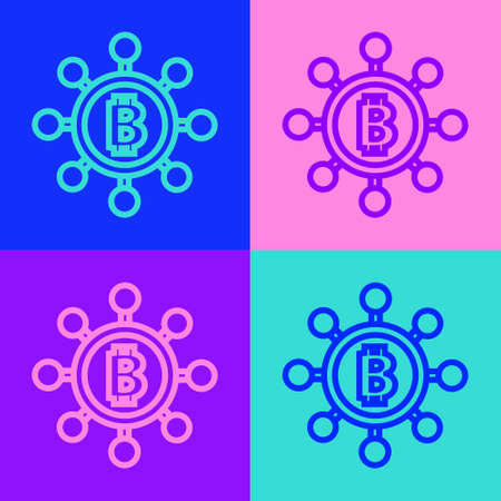 Pop art line Blockchain technology Bitcoin icon isolated on color background. Abstract geometric block chain network technology business. Vectorのイラスト素材