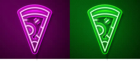 Glowing neon line Slice of pizza icon isolated on purple and green background. Fast food menu. Vectorのイラスト素材