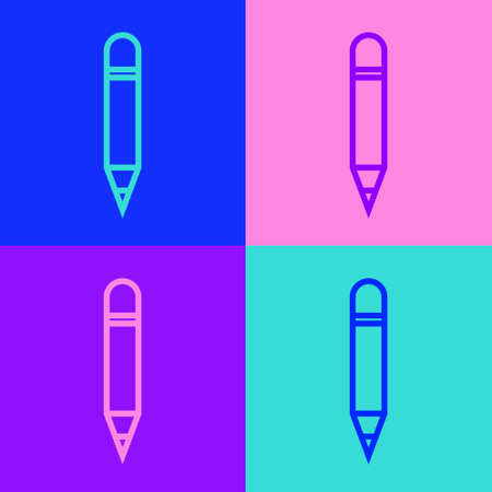 Pop art line Pencil with eraser icon isolated on color background. Drawing and educational tools. School office symbol. Vector Illustrationのイラスト素材