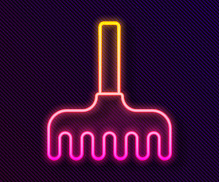 Glowing neon line Garden rake icon isolated on black background. Tool for horticulture, agriculture, farming. Ground cultivator. Vector Illustrationのイラスト素材