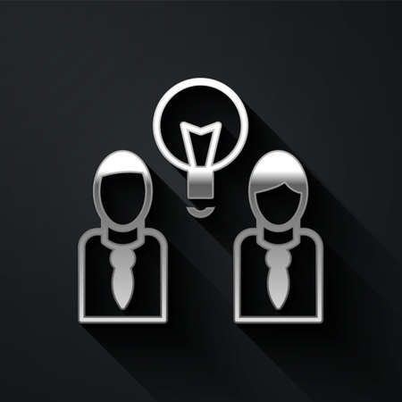 Silver People with lamp bulb icon isolated on black background. Concept of idea. Long shadow style. Vectorのイラスト素材