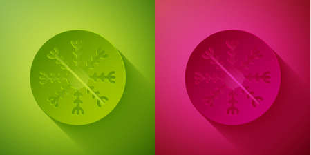 Paper cut Snowflake icon isolated on green and pink background. Paper art style. Vectorのイラスト素材