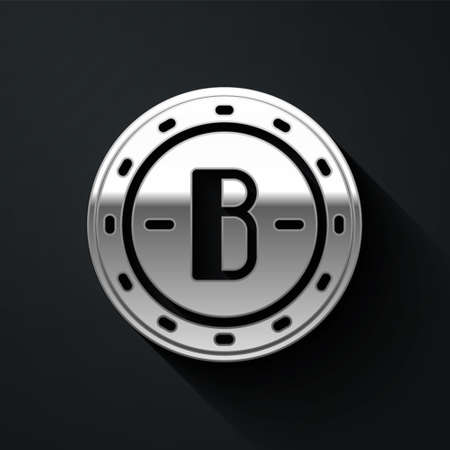 Silver Cryptocurrency coin Bitcoin icon isolated on black background. Physical bit coin. Blockchain based secure crypto currency. Long shadow style. Vectorのイラスト素材