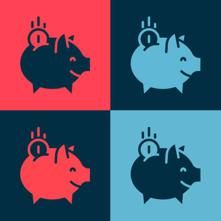 Pop art Piggy bank with coin icon isolated on color background. Icon saving or accumulation of money, investment. Vectorのイラスト素材