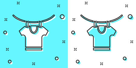 Black line Drying clothes icon isolated on green and white background. Clean shirt. Wash clothes on a rope with clothespins. Clothing care and tidiness. Random dynamic shapes. Vectorのイラスト素材