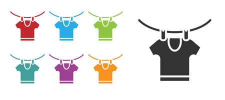 Black Drying clothes icon isolated on white background. Clean shirt. Wash clothes on a rope with clothespins. Clothing care and tidiness. Set icons colorful. Vectorのイラスト素材