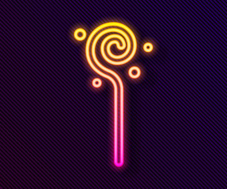 Glowing neon line Magic staff icon isolated on black background. Magic wand, scepter, stick, rod. Vectorのイラスト素材