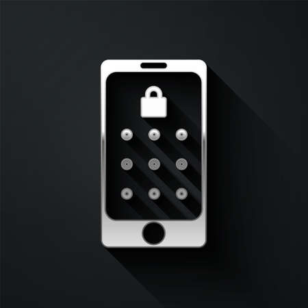 Silver Mobile phone and graphic password protection icon isolated on black background. Security, personal access, user authorization. Long shadow style. Vector Illustrationのイラスト素材