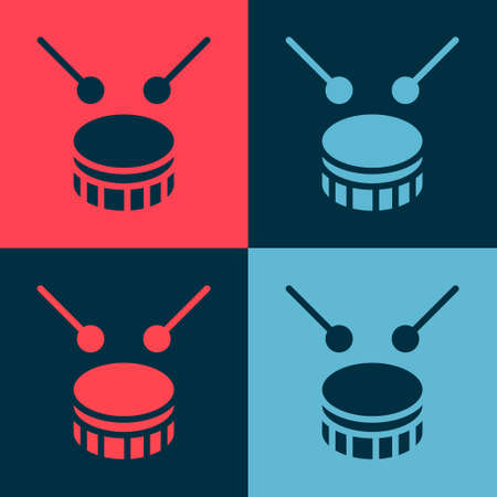 Pop art Drum with drum sticks icon isolated on color background. Music sign. Musical instrument symbol. Vectorのイラスト素材