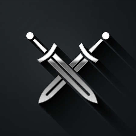 Silver Crossed medieval sword icon isolated on black background. Medieval weapon. Long shadow style. Vectorのイラスト素材