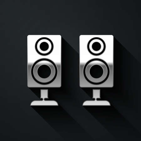 Silver Stereo speaker icon isolated on black background. Sound system speakers. Music icon. Musical column speaker bass equipment. Long shadow style. Vectorのイラスト素材