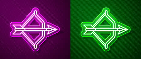 Glowing neon line Medieval bow and arrow icon isolated on purple and green background. Medieval weapon. Vectorのイラスト素材
