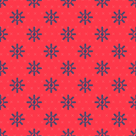 Blue line Solar energy panel icon isolated seamless pattern on red background. Sun with lightning symbol. Vectorのイラスト素材